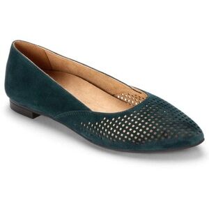 Vionic Posey Forest Green Suede Laser Cut Perforated Pointy Toe Flats 7.5